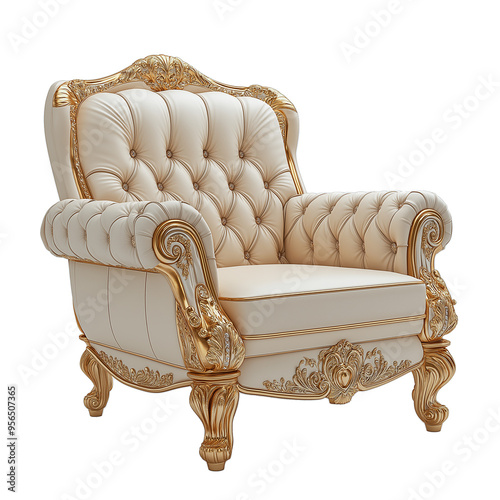  Luxurious Cream and Gold Baroque Style Armchair with Ornate Carvings on Transparent Background