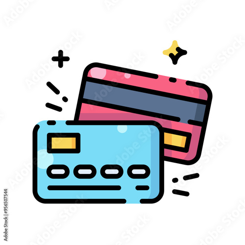 Two credit cards with black outlines and gold accents. Suitable for financial or banking design projects, payment systems, and shopping concepts.