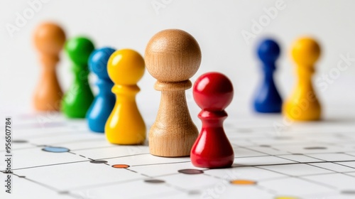 Colorful game pieces on a board, representing strategy, competition, and teamwork in a playful and engaging manner.