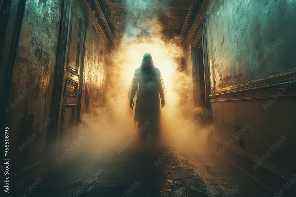 eerie corridor with ghostly figure emerging from shadows flickering lights cast long shadows creating a suspenseful and cinematic horror scene in muted tones eerie corridor with ghostly figure emerging from shadows flickering lights cast long shadows creating a suspenseful and cinematic horror scene in muted tones