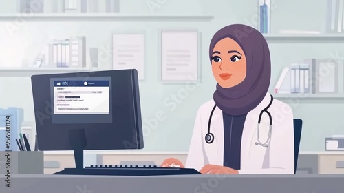 Illustration of a female healthcare professional in a hijab, sitting at a desk with a computer, in a clinic or hospital office setting.