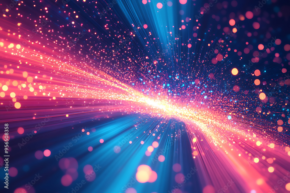 Dynamic abstract image of vibrant light trails and colorful particles converging towards a bright center, symbolizing speed and energy Dynamic abstract image of vibrant light trails and colorful particles converging towards a bright center, symbolizing speed and energy