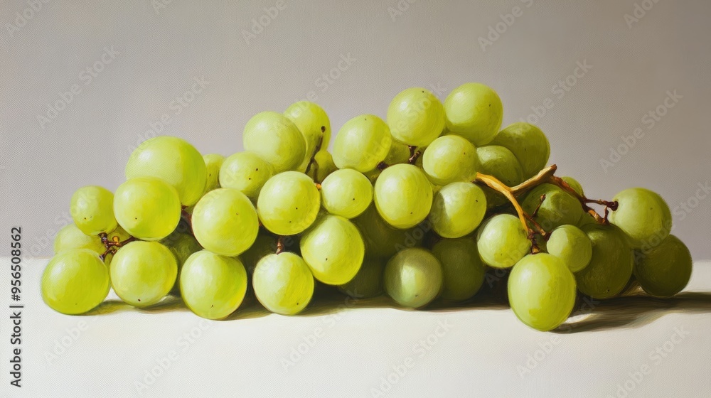 Oil painting showcasing a heap of green grapes arranged on a white background Oil painting showcasing a heap of green grapes arranged on a white background