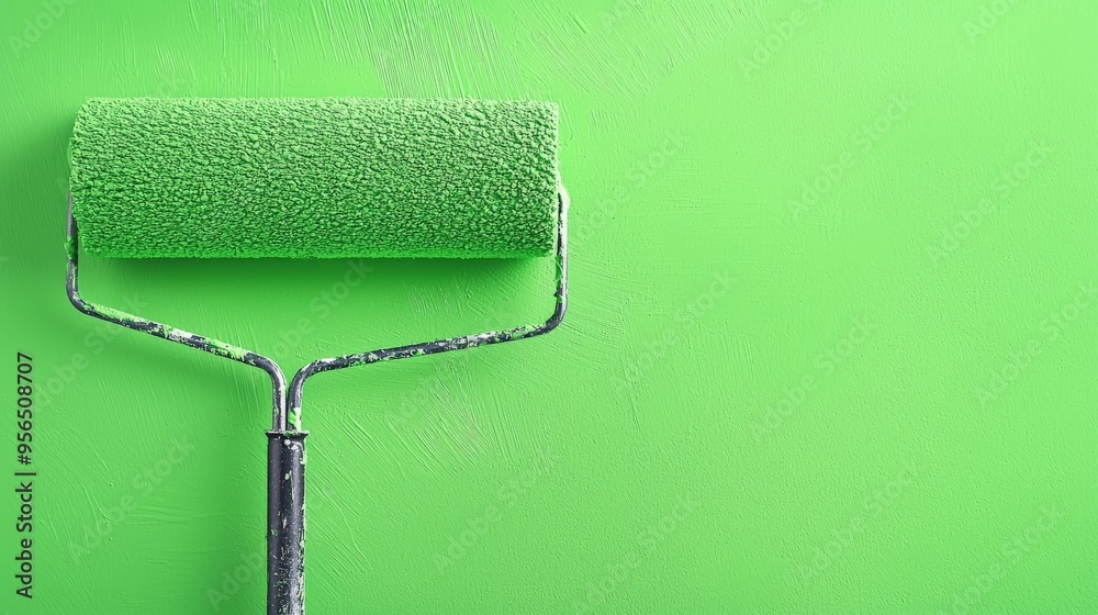 Obraz premium A green paint roller applying fresh paint to a wall, clean and smooth