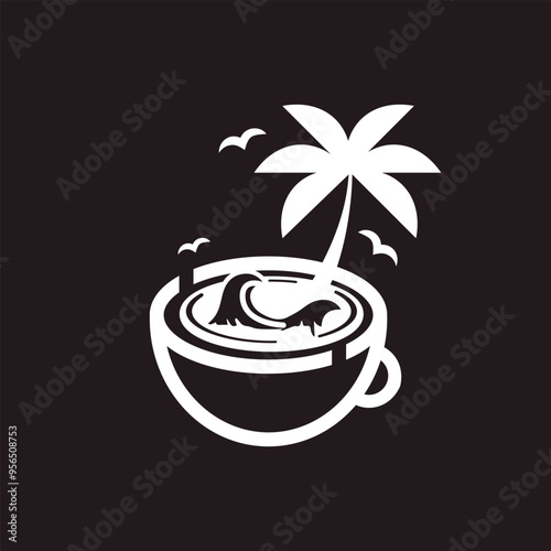 Vector flat coffee cup with palm tree logo symbol inversion on black background. Wave, birds, beach, tropical, drink, elements.	