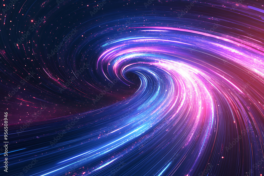 Dynamic abstract image of vibrant light trails and colorful particles converging towards a bright center, symbolizing speed and energy