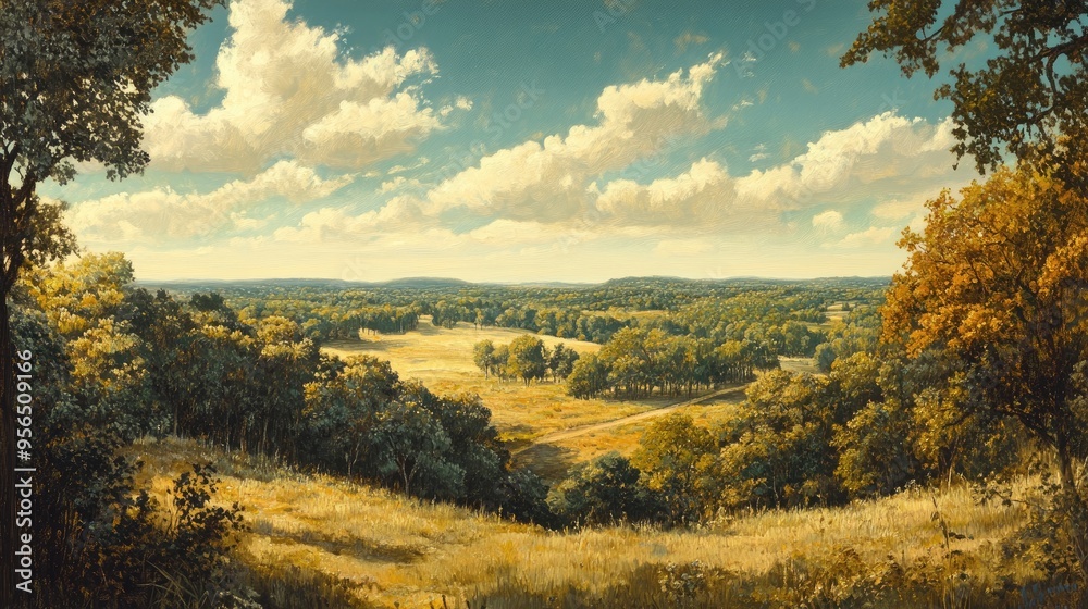 Oil painting depicting an open landscape surrounded by mature deciduous forests previously utilized for military activities Oil painting depicting an open landscape surrounded by mature deciduous forests previously utilized for military activities