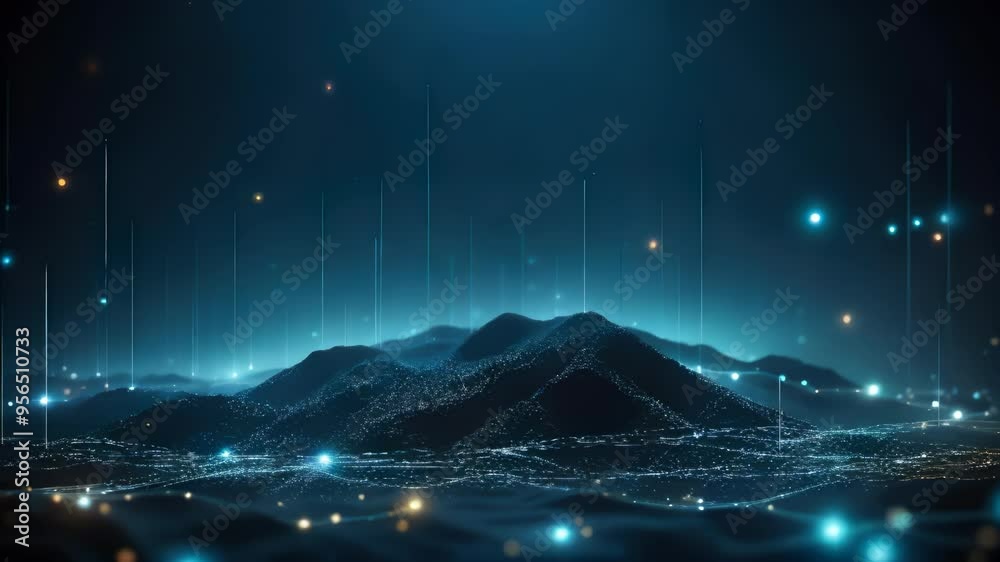 Abstract Digital Landscape with Glowing Lines and Particles