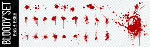 Bloody marks, splashes and stains. Vector set with realistic splashes and blood stains on transparent background. Fresh dynamic blood splashes. Realistic set numerous red spots and smudges