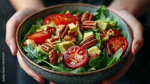 Healthy homemade salad with tomatoes cheese cubes pecans avocado spinach and arugula Green vegetarian meal in a bowl in the girls hands on a dark background The concept of healthy eati : Generative AI photo