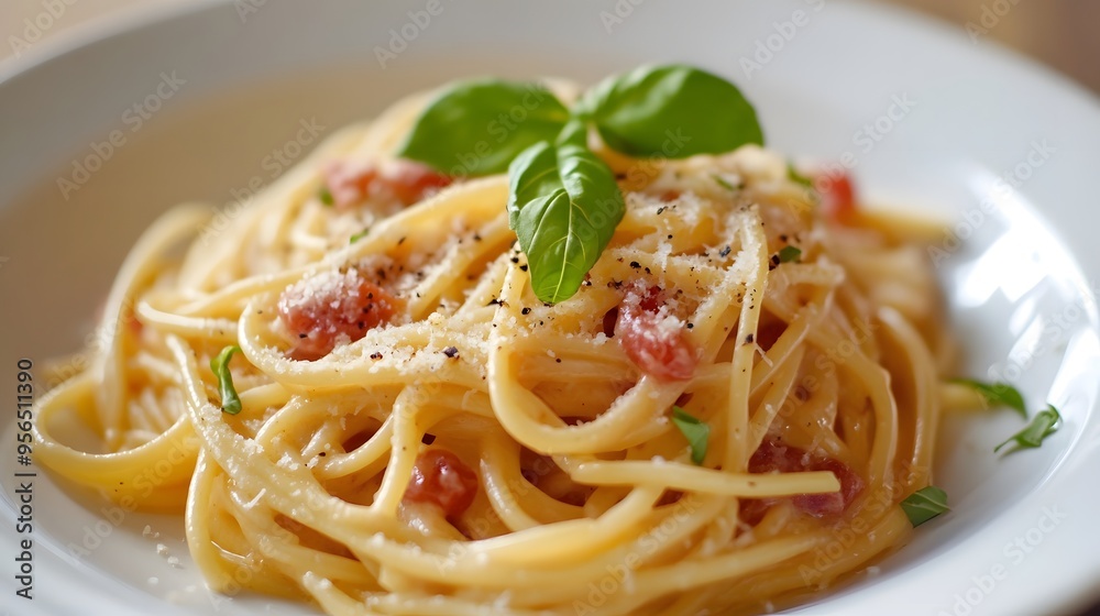 Creamy spaghetti carbonara with parmesan and fresh basil Creamy spaghetti carbonara with parmesan and fresh basil