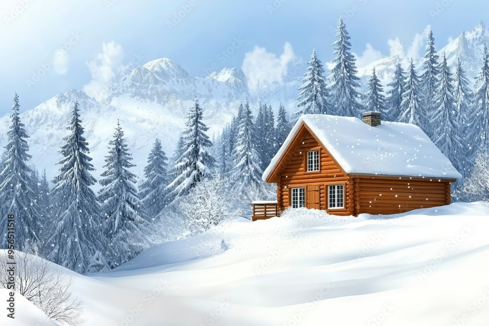 Wooden Cabin Nestled in Snowy Mountain Landscape Wooden Cabin Nestled in Snowy Mountain Landscape