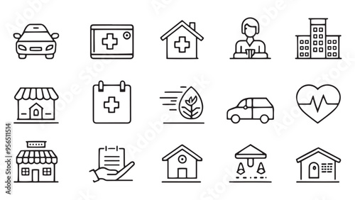 Insurance web icons in line style. Medical, Car, insurance situations, accident, health, flood, life, travel, fly, home related icon set flat vector illustration