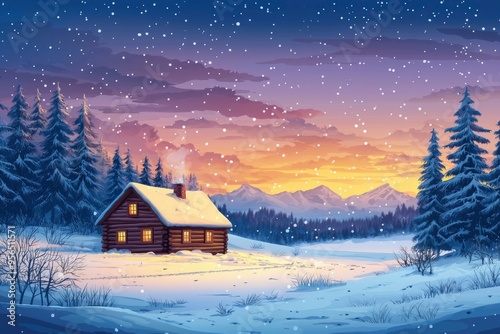 Cozy Cabin in a Snowy Forest at Sunset