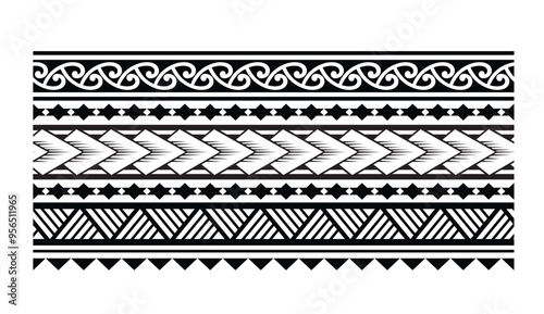 Polynesian pattern tribal tattoo border. Tribal tattoo geometric fore arm samoan band. Tattoo eps forearm samoan sleeve bracelet. Fabric seamless isolated hawaiian pattern on white background.