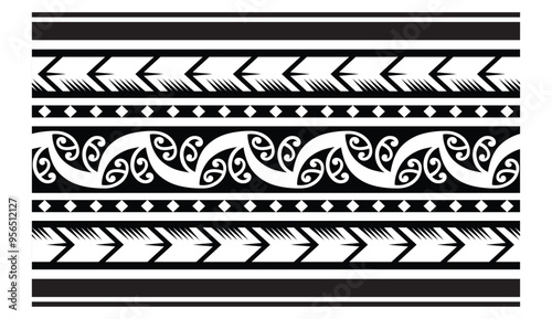 Polynesian pattern tribal tattoo border. Tribal tattoo geometric fore arm samoan band. Tattoo eps forearm samoan sleeve bracelet. Fabric seamless isolated hawaiian pattern on white background.