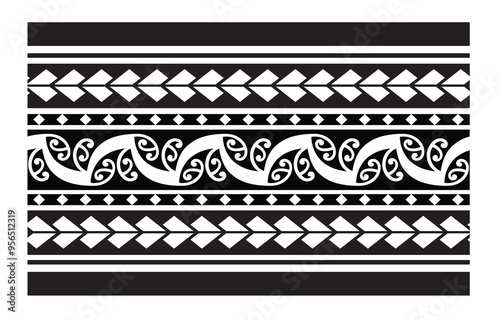 Polynesian pattern tribal tattoo border. Tribal tattoo geometric fore arm samoan band. Tattoo eps forearm samoan sleeve bracelet. Fabric seamless isolated hawaiian pattern on white background.