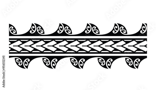 Polynesian pattern tribal tattoo border. Tribal tattoo geometric fore arm samoan band. Tattoo eps forearm samoan sleeve bracelet. Fabric seamless isolated hawaiian pattern on white background.