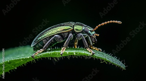 Silver green leaf weevil phyllobius argentatus beetle sitting on grass stem with black background Animal nature macro background : Generative AI photo