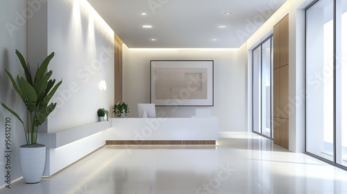 A modern office lobby with a white reception desk.