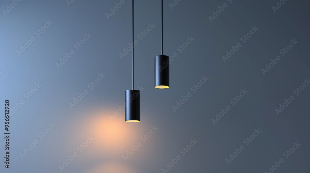Two black cylinder pendant lights hanging from a ceiling. Two black cylinder pendant lights hanging from a ceiling.