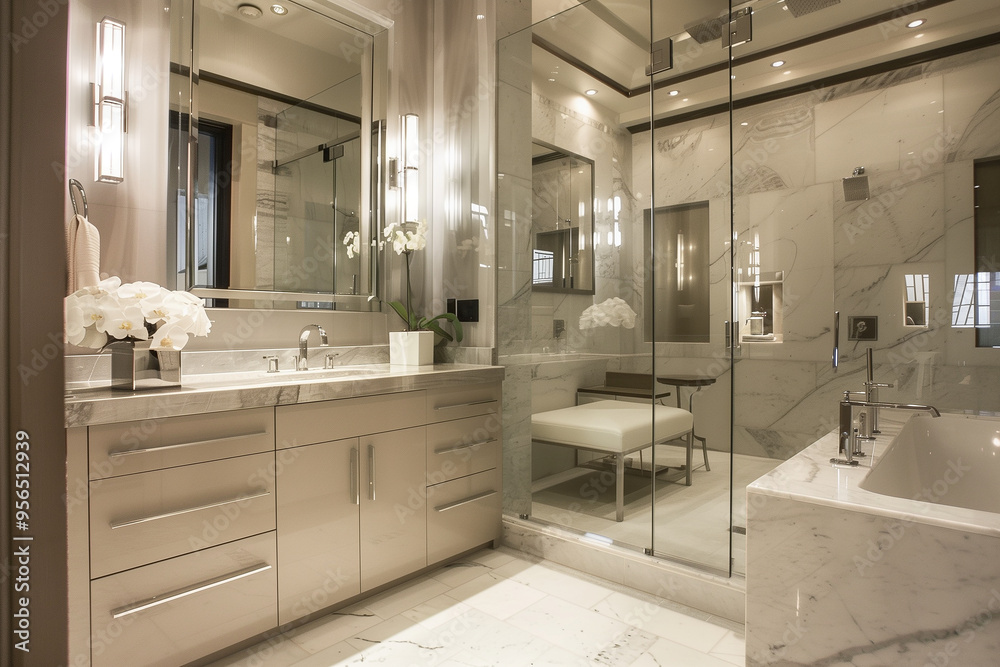 Chic bathroom setting with walk-in shower and marble vanity, decorated with sleek fixtures. Generative AI Chic bathroom setting with walk-in shower and marble vanity, decorated with sleek fixtures. Generative AI