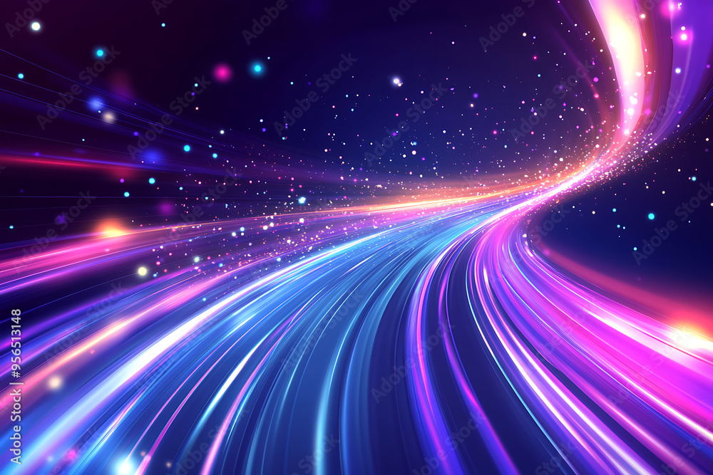 Dynamic abstract image of vibrant light trails and colorful particles converging towards a bright center, symbolizing speed and energy