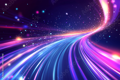 Dynamic abstract image of vibrant light trails and colorful particles converging towards a bright center, symbolizing speed and energy