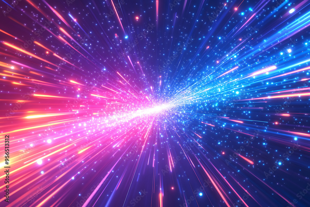 Dynamic abstract image of vibrant light trails and colorful particles converging towards a bright center, symbolizing speed and energy Dynamic abstract image of vibrant light trails and colorful particles converging towards a bright center, symbolizing speed and energy