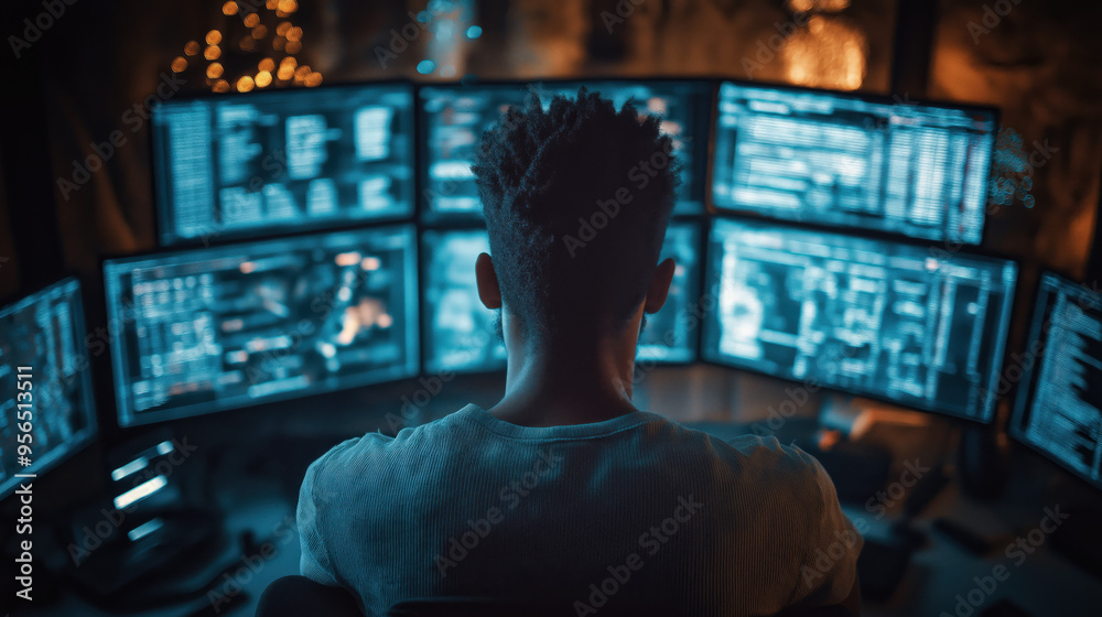 A high angle portrait shot of a software engineer focused on multiple screens displaying code and data, surrounded by a digital matrix in a dark room, subtle light, early morning A high angle portrait shot of a software engineer focused on multiple screens displaying code and data, surrounded by a digital matrix in a dark room, subtle light, early morning