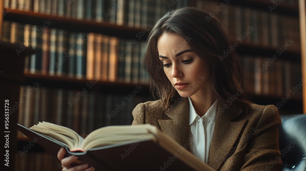 Female lawyer or legal counsel sitting at desk reading and reviewing data in file folder legal book in accordance with the principles of jurisprudence to study and find information : Generative AI Female lawyer or legal counsel sitting at desk reading and reviewing data in file folder legal book in accordance with the principles of jurisprudence to study and find information : Generative AI