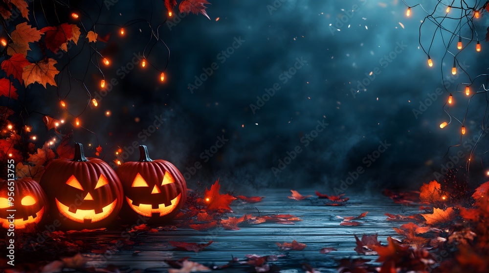 Fototapeta premium A festive Halloween scene with glowing jack-o'-lanterns lining both sides of a path, surrounded by autumn leaves and string lights. Bare trees and floating leaves create a spooky, yet warm atmosphere.