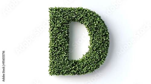 Hyper-Realistic Green Topiary Letter "D" Isolated on a White Background, Ideal for Eco-Friendly and Nature-Inspired Design Concepts