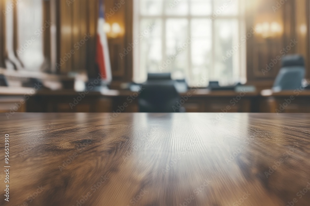 A wooden table in a courtroom setting with blurred chairs and a flag in the background. A wooden table in a courtroom setting with blurred chairs and a flag in the background.