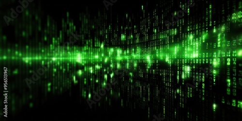 Green binary code on dark, creating an atmosphere of data technology and cyber security. Focus on the binary number texture with copy space for photo 