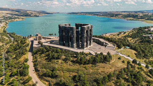 Aerial view of the Chronicle of Georgia with the Tbilisi Sea in the background. Historical monuments. Historical sites in Georgia. photo