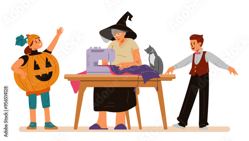 Grandmother sewing Halloween costumes for grandchildren flat vector illustration isolated on white. Happy children in Halloween costumes of pumpkin and vampire near grandmother in witch costume.