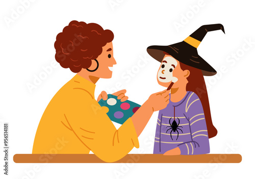 Mother putting makeup for her daughter dressed like a witch for Halloween party flat vector illustration isolated on white.