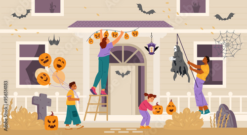 Multiracial family decorating house for Halloween celebration flat vector illustration. Parents with children hanging decorations, garland, carved pumpkins.