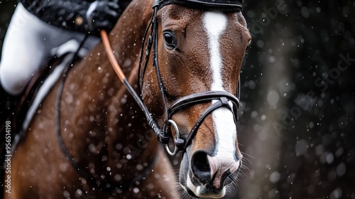 A close view of a horse ridden by a person, showing the bridle and the horse's face, taken during a snowy day. The rider’s outfit and falling snowflakes are visible.