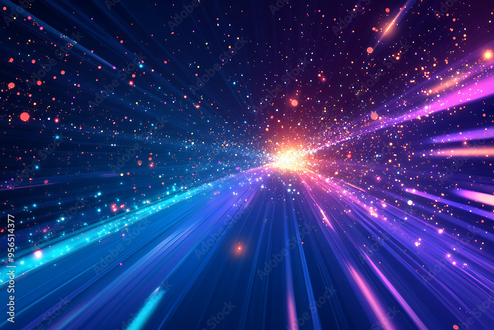 Dynamic abstract image of vibrant light trails and colorful particles converging towards a bright center, symbolizing speed and energy Dynamic abstract image of vibrant light trails and colorful particles converging towards a bright center, symbolizing speed and energy