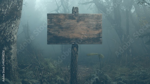 Enigmatic Atmosphere of a Mysterious Forest: Old Wooden Blank Sign Amid Dense Fog photo