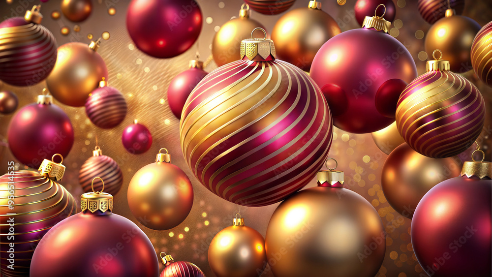 Background with glossy Christmas ornaments in shades of gold and burgundy, festive and luxurious, copy space Background with glossy Christmas ornaments in shades of gold and burgundy, festive and luxurious, copy space