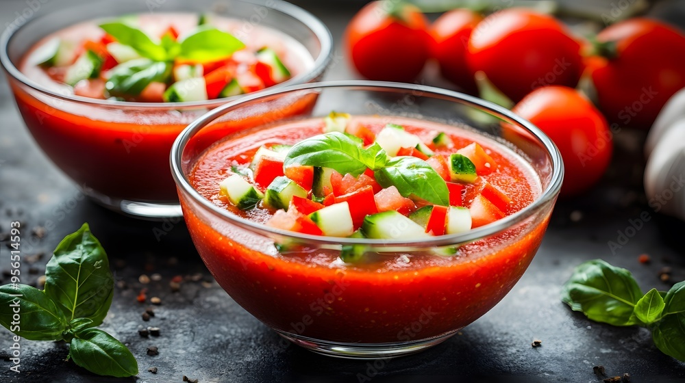Fresh gazpacho soup with tomatoes and cucumbers on rustic table Fresh gazpacho soup with tomatoes and cucumbers on rustic table