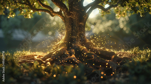 Medium close-up of a sacred tree with roots and branches glowing with divine energy, representing life and creation.