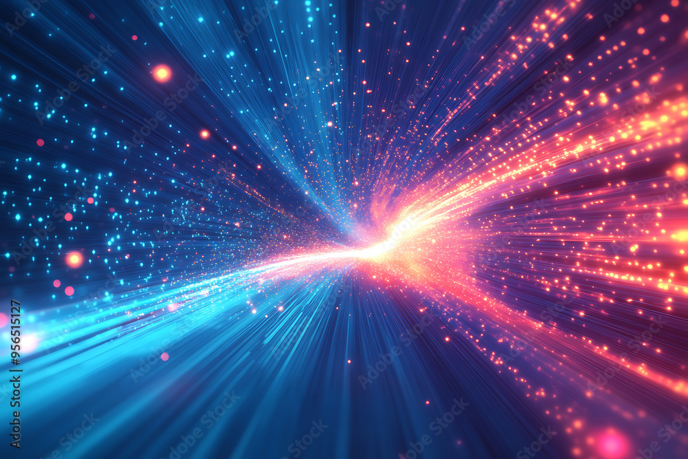 Dynamic abstract image of vibrant light trails and colorful particles converging towards a bright center, symbolizing speed and energy Dynamic abstract image of vibrant light trails and colorful particles converging towards a bright center, symbolizing speed and energy
