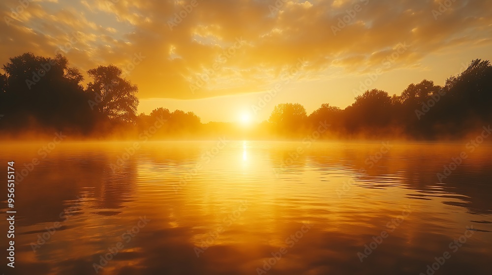Obraz premium Golden sunrise on a still lake : Generative AI