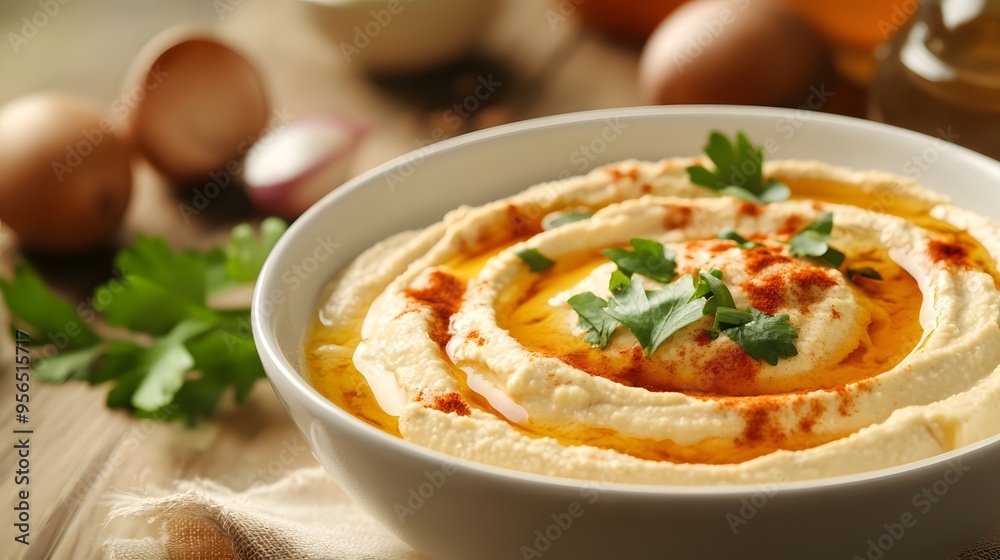 Creamy hummus topped with olive oil and fresh parsley in a bowl Creamy hummus topped with olive oil and fresh parsley in a bowl