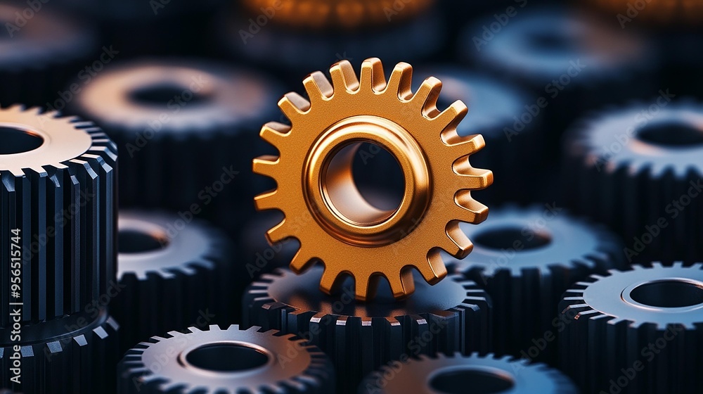 A striking golden gear stands out among dark gears, symbolizing innovation and industrial design in a captivating composition. A striking golden gear stands out among dark gears, symbolizing innovation and industrial design in a captivating composition.