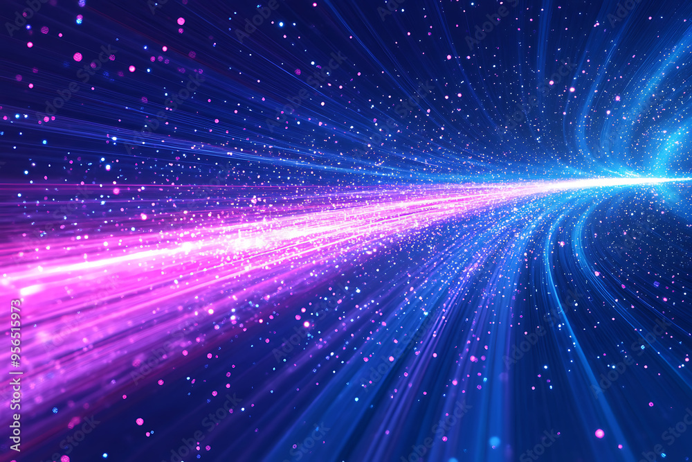Dynamic abstract image of vibrant light trails and colorful particles converging towards a bright center, symbolizing speed and energy
